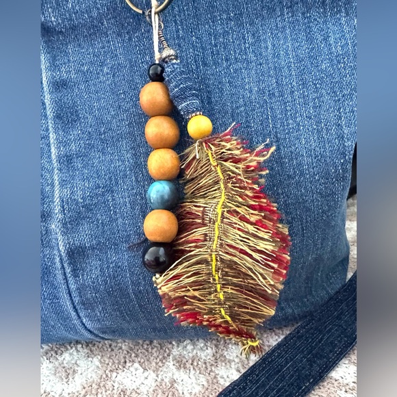 Handmade Cotton Feather & Leather Fringe Bag Charm – Boho Style - Picture 1 of 5